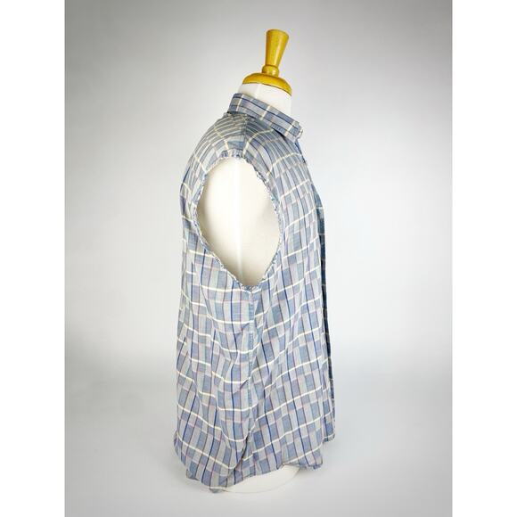 VTG ReUnion Button Up Striped Checkered Shirt Cut Off Sleeves Sz S Single Stitch - Picture 4 of 9